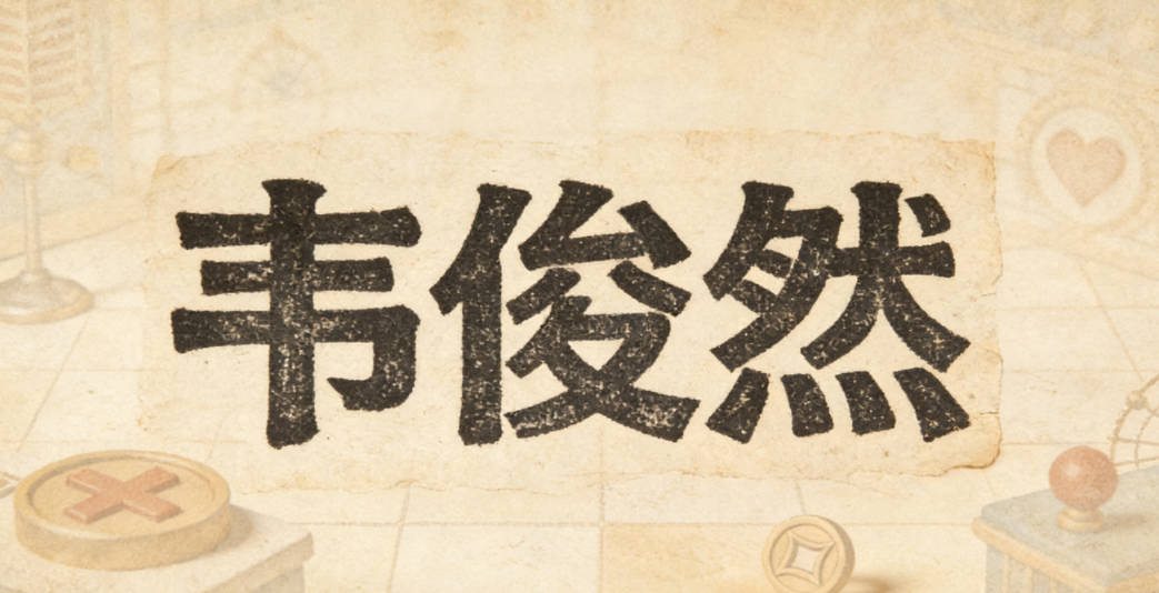 韦俊然，俊字代表英俊潇洒、才智过人，然字代表行事果决